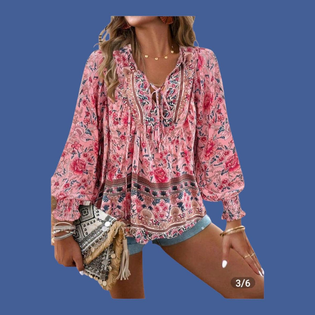 Women's Boho Pink Floral Blouse | V-Neck Long Sleeve Flowy Top – Size M