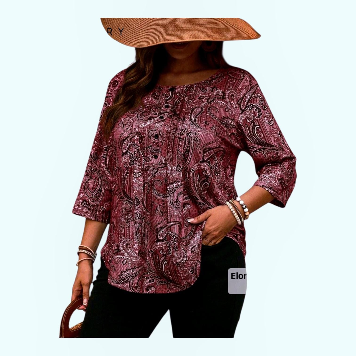 Boho Burgundy Paisley Blouse – 3/4 Sleeves, Pleated Button Neckline, Silky Sheen | Plus Size 14 (1XL)