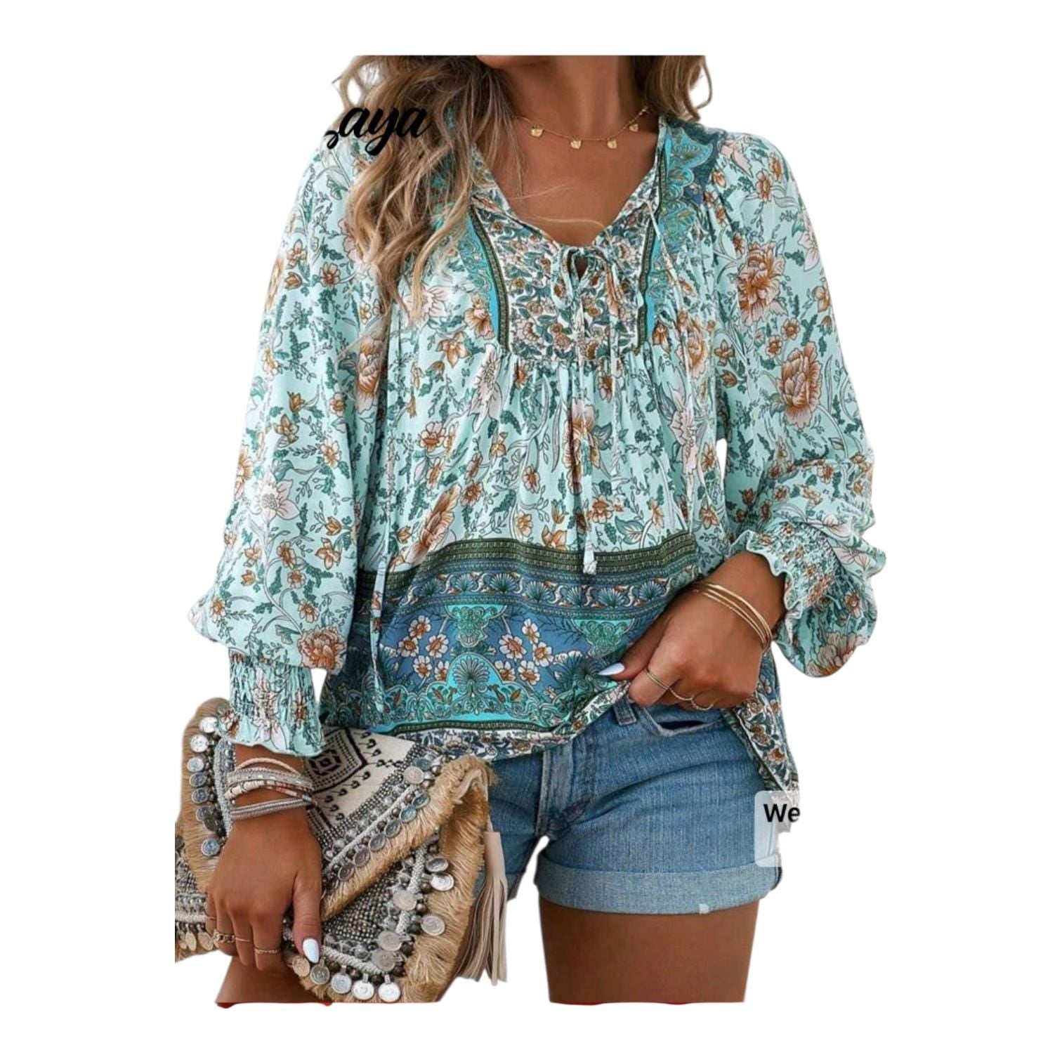 Boho (XXL) Top Blue Casual Hippie Style with Long Sleeves, V-neck and Ties.
