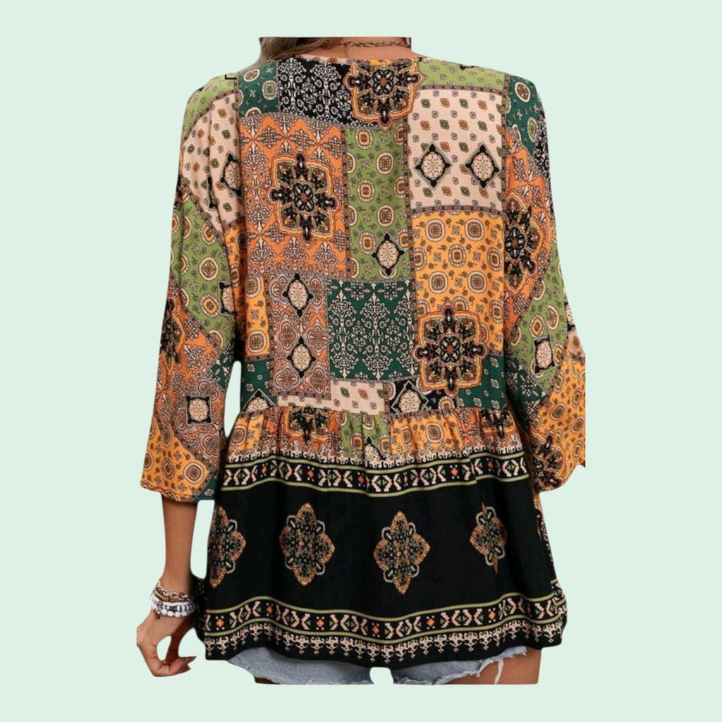 Women's Boho Patchwork Peplum Tunic | Earth Tone Long Top – Size S