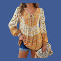 Women's Boho Hippie Top | 70s Flowy V-Neck Long Sleeve with Ties – Size L