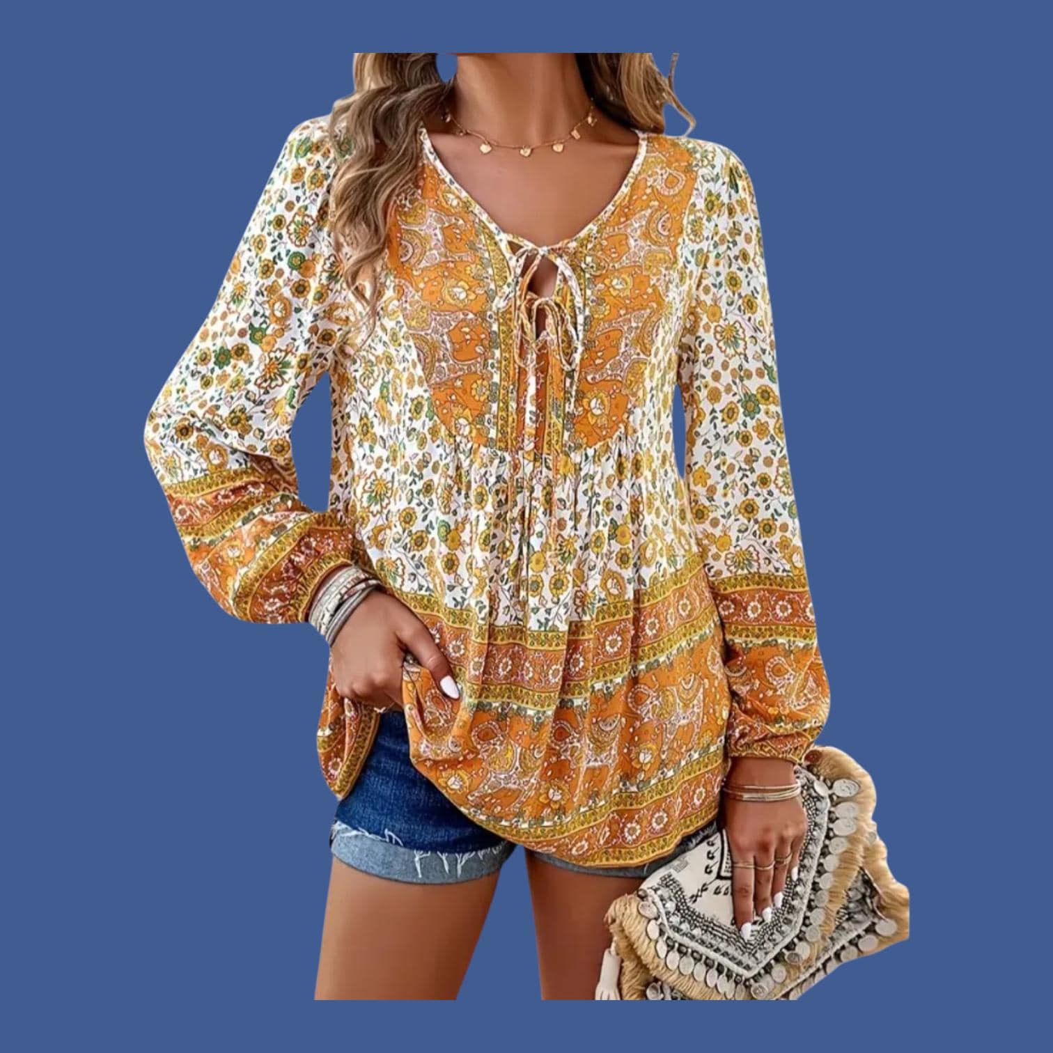 Women's Boho Pumpkin Orange & Yellow Blouse – Flowy Bohemian Top, Long Sleeve, Fall Festival Outfit, Hippie Style – Size Large