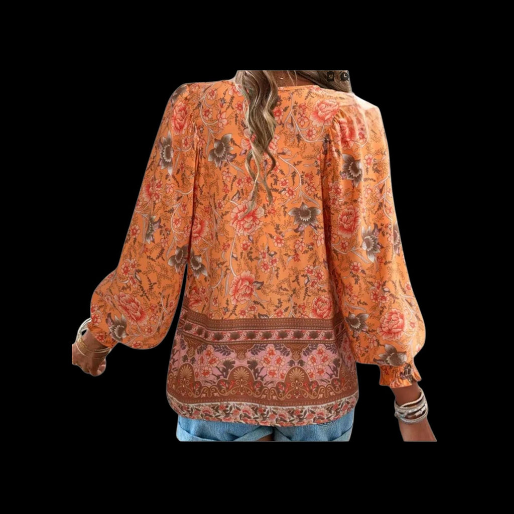 Bohemian Orange Flowy Peasant Blouse - Women's L Loose Fit V-Neck with Ties