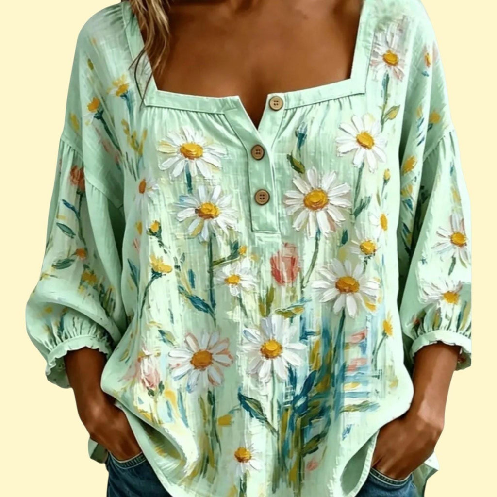 Women's Boho Summer Green Hippie Blouse | Flowy Loose Peasant Top – Size XL