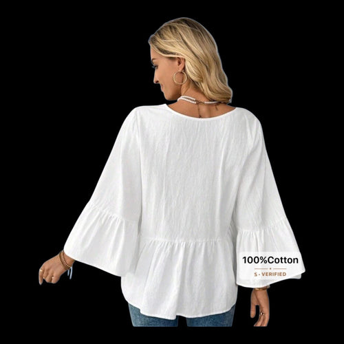 Boho 100% Cotton White V-Neck Flowy Top – Hippie Loose Fit – L