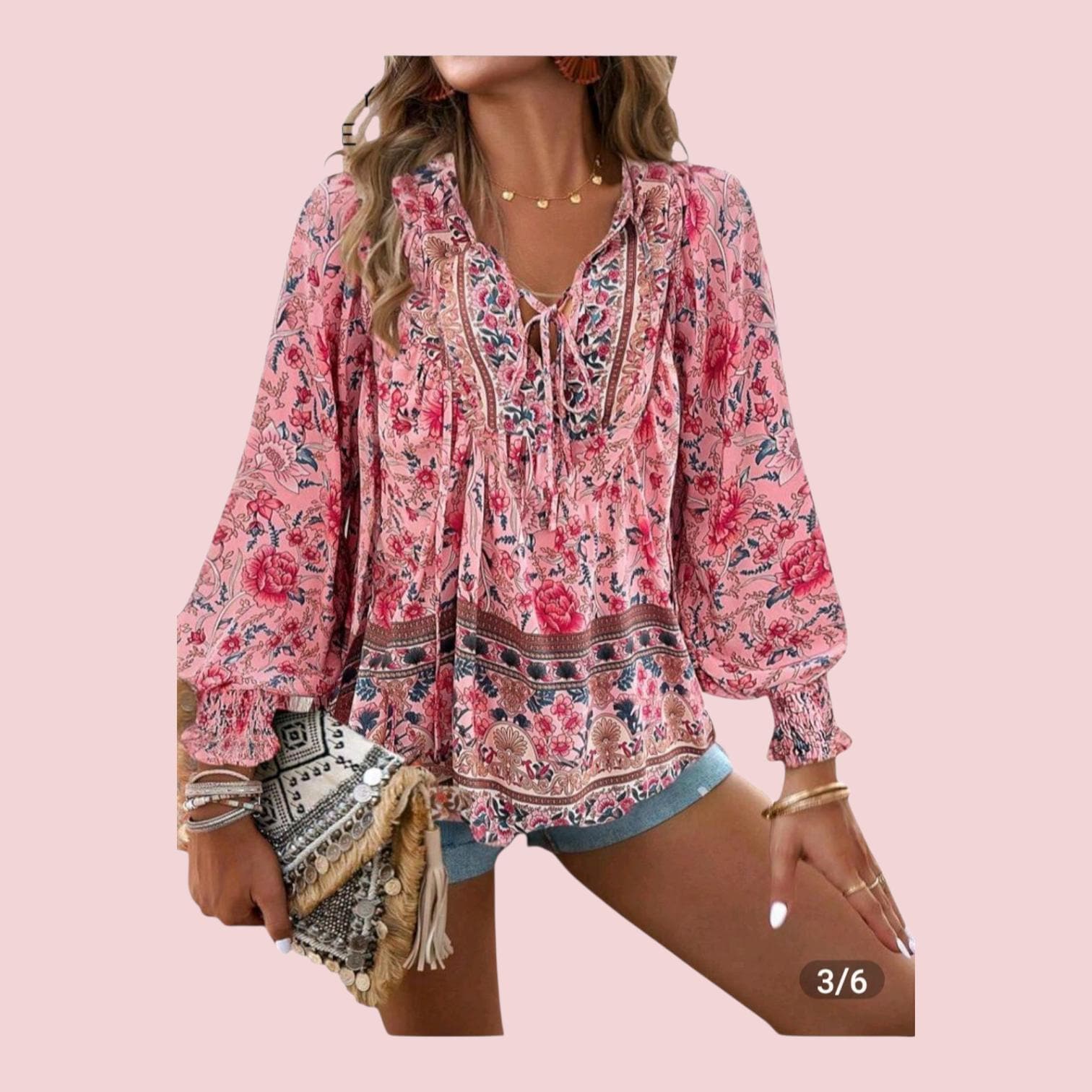 N-Women's Chiffon Boho Blouse | Pink Floral Long Sleeve V-Neck Top – Size L