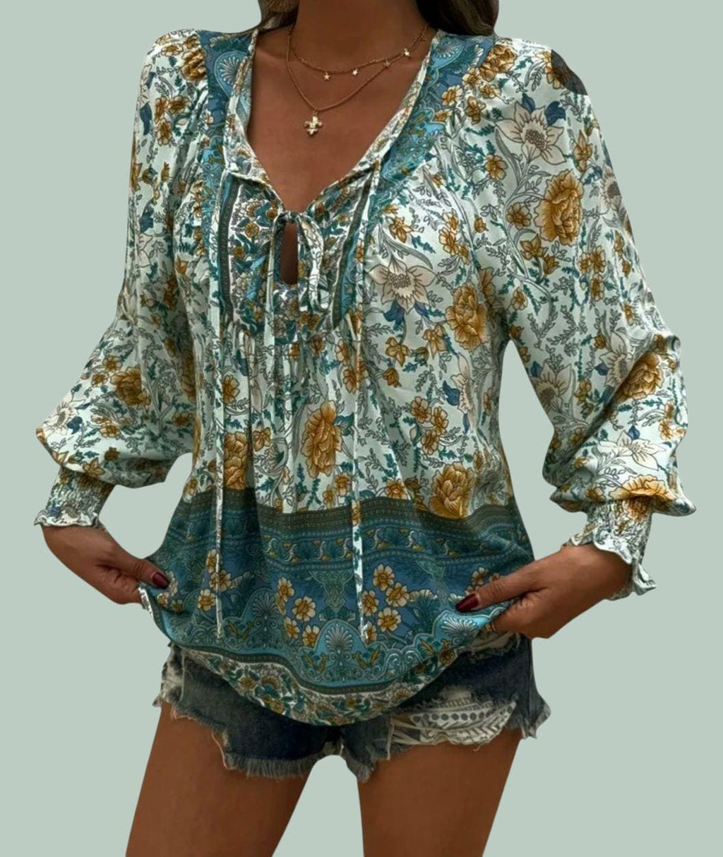 Women's Boho Green Peasant Top | V-Neck Long Sleeve 70s-Inspired Tunic – Size M