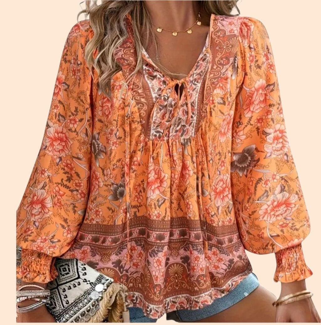 Women's Orange Boho Flowy Top – V-Neck with Ties, Long Sleeves – Size XL