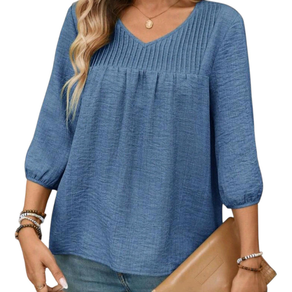Blue Boho Flowy V-Neck Top – Loose Relaxed Fit, Elegant Bohemian Style – Size L