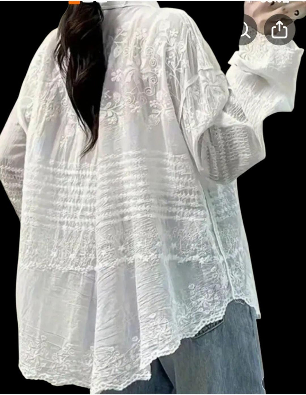 Bohemian White Cotton Blouse - One Size Button-Down Lapel Neck with Lace Detail
