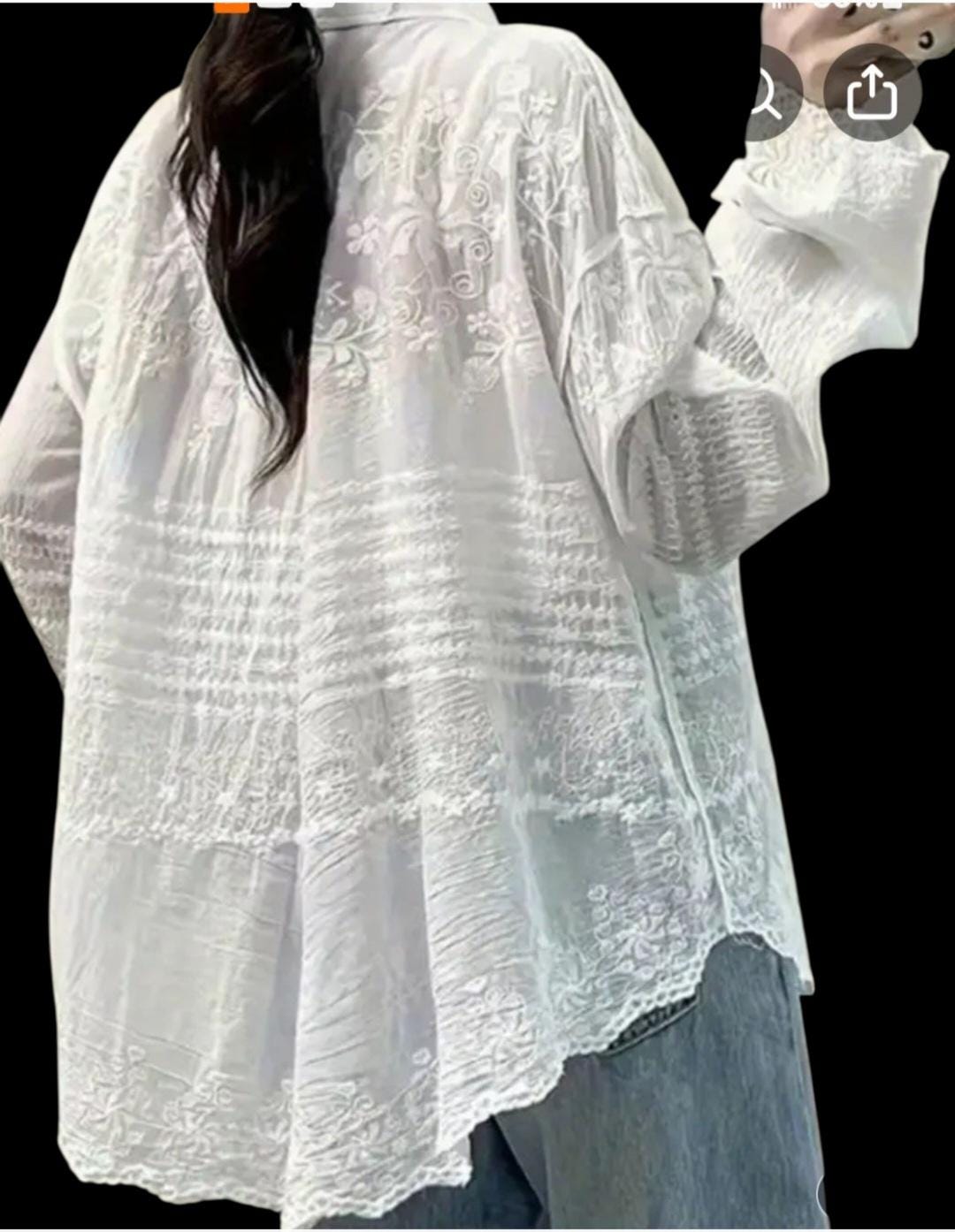 Bohemian White Cotton Blouse - One Size Button-Down Lapel Neck with Lace Detail