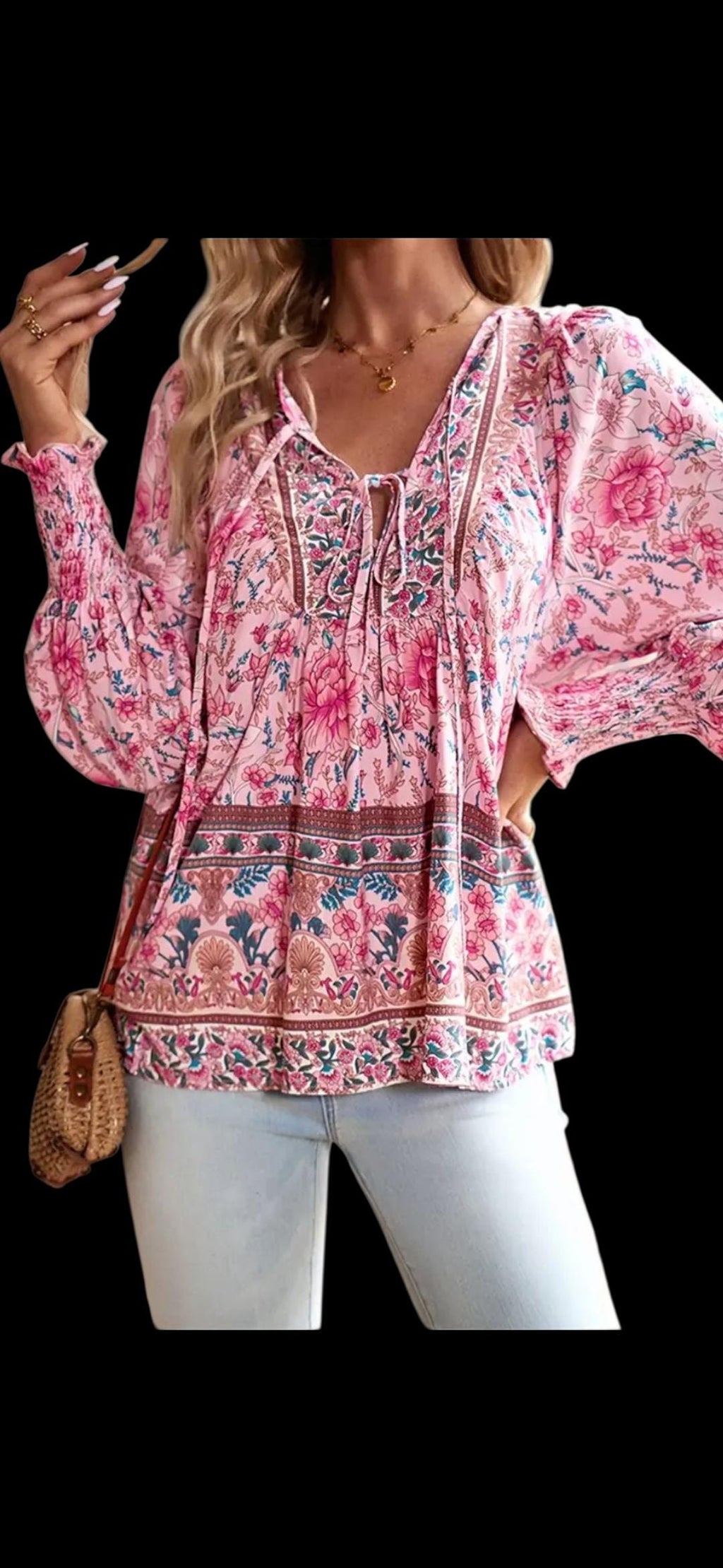 Women's Boho Pink Floral Tunic Top | Relaxed V-Neck Long Sleeve – Size XL