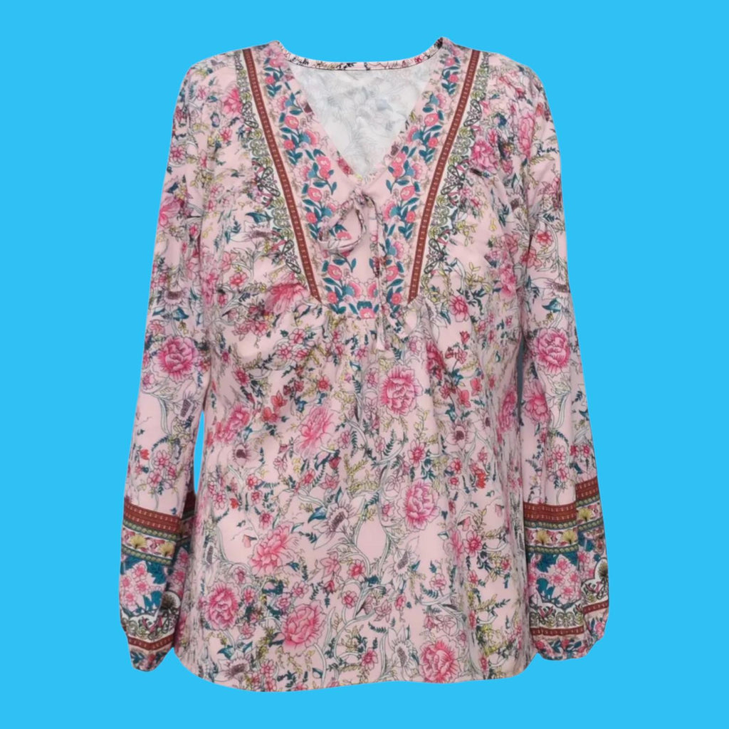 Plus Size Pink Floral Boho Blouse – V-Neck with Ties, Flowy Relaxed Fit – Elegant Bohemian Style – Size 22 (5XL)