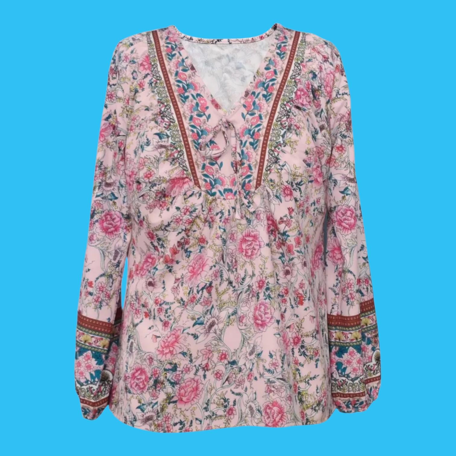 Plus Size Pink Floral Boho Blouse – V-Neck with Ties, Flowy Relaxed Fit – Elegant Bohemian Style – Size 22 (5XL)