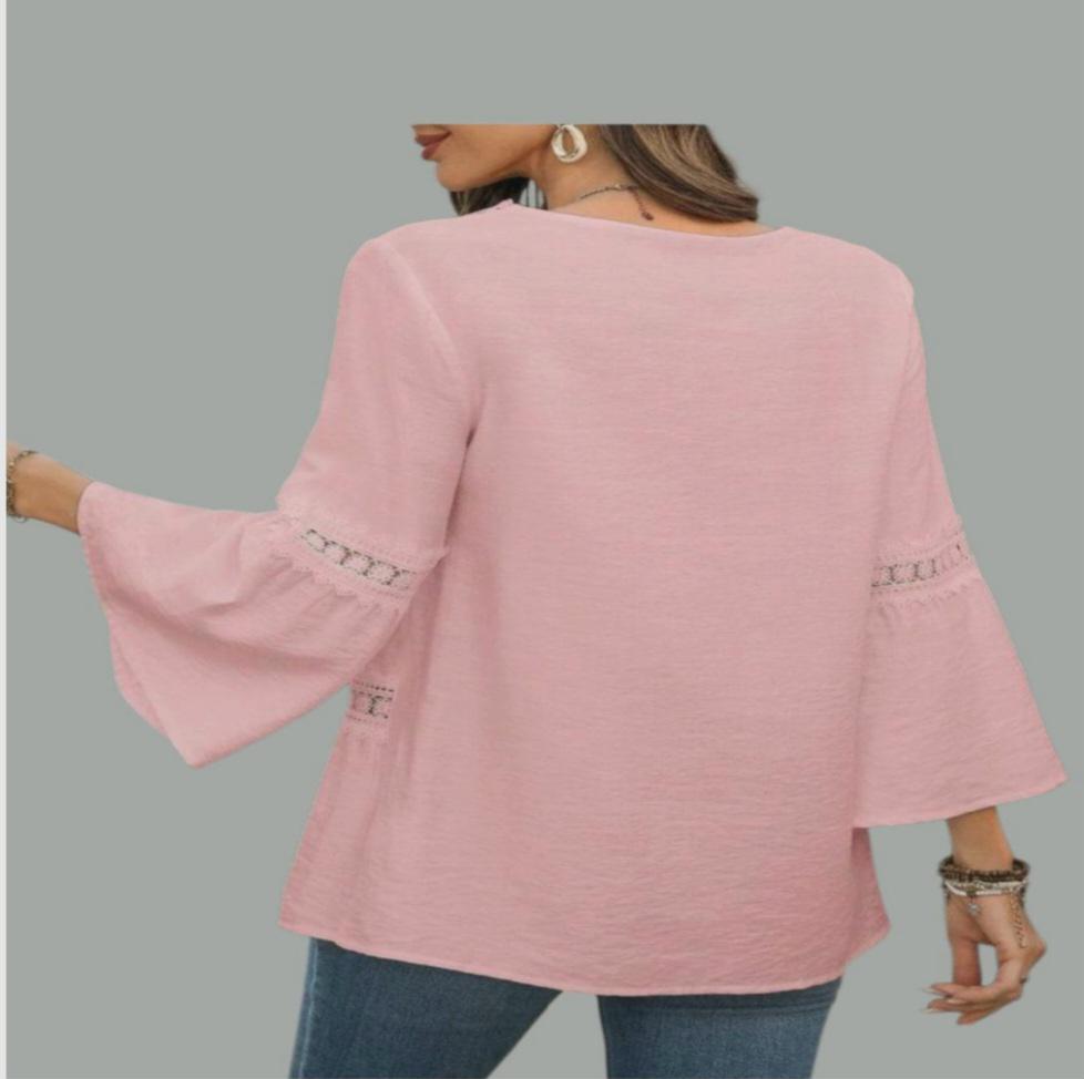 Women's Dusty Rose Boho Tunic Blouse | Lace & Fringe, 3/4 Bell Sleeves – Size XL