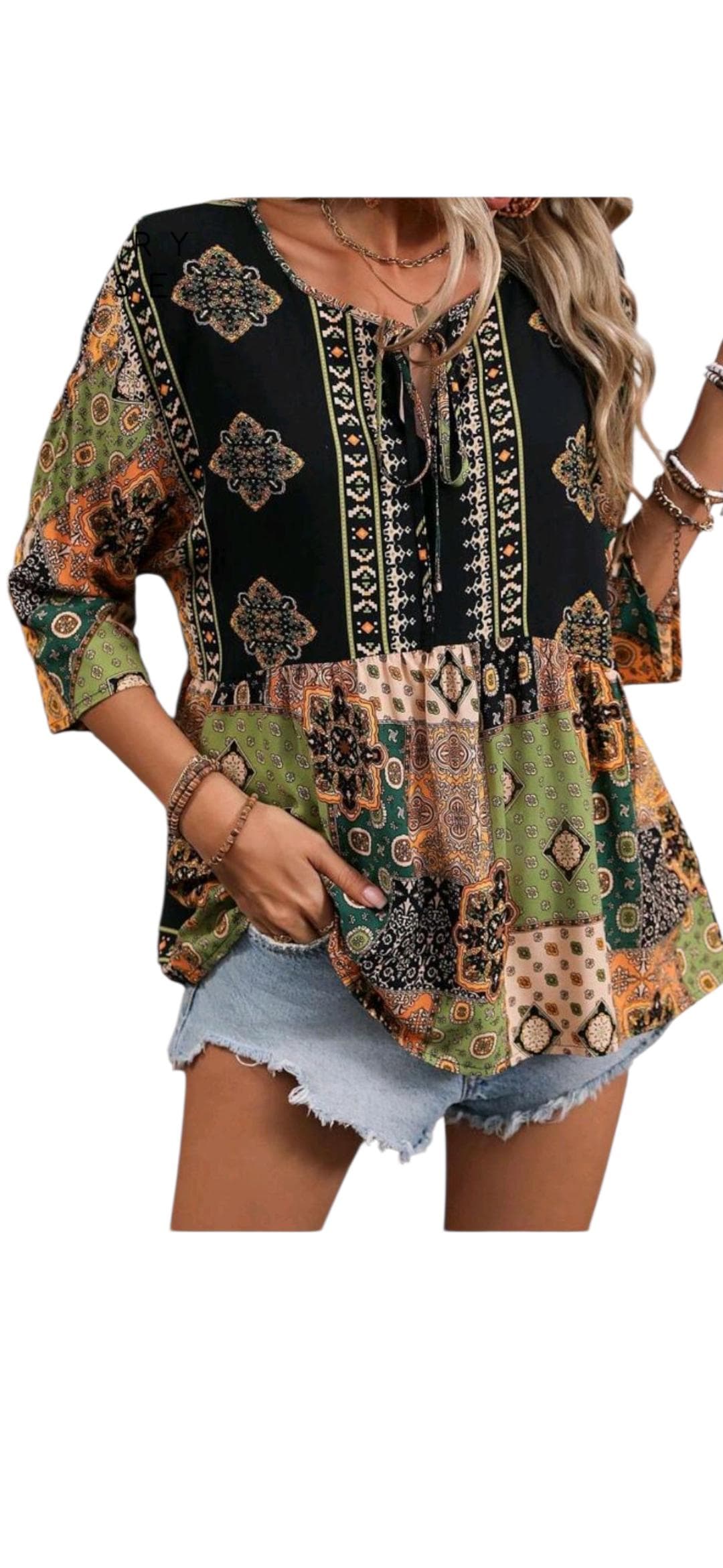Bohemian Patchwork Peplum Tunic – V-Neck with Lace-Up Ties, 3/4 Sleeves – Size M