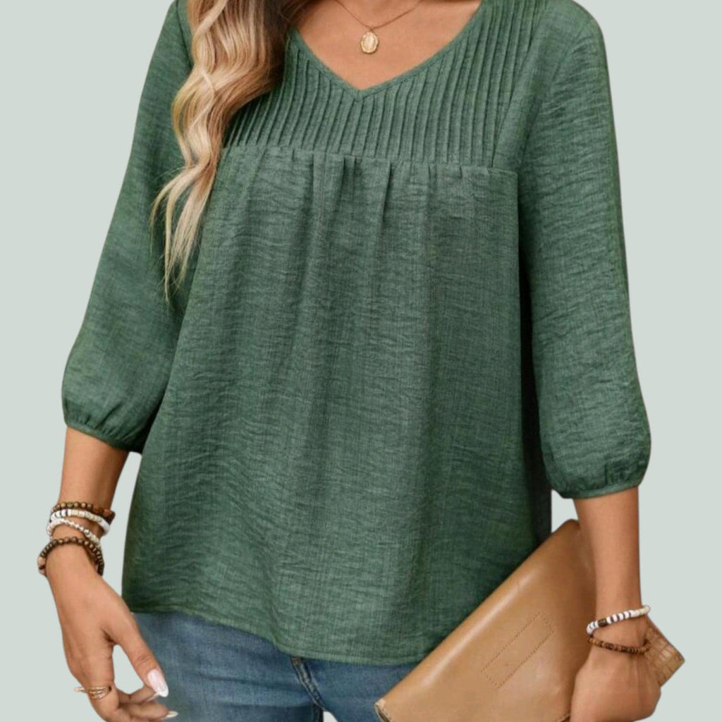 Green Boho Blouse with Pleated Bodice – Flowy V-Neck, Elegant Bohemian Style – Size XL