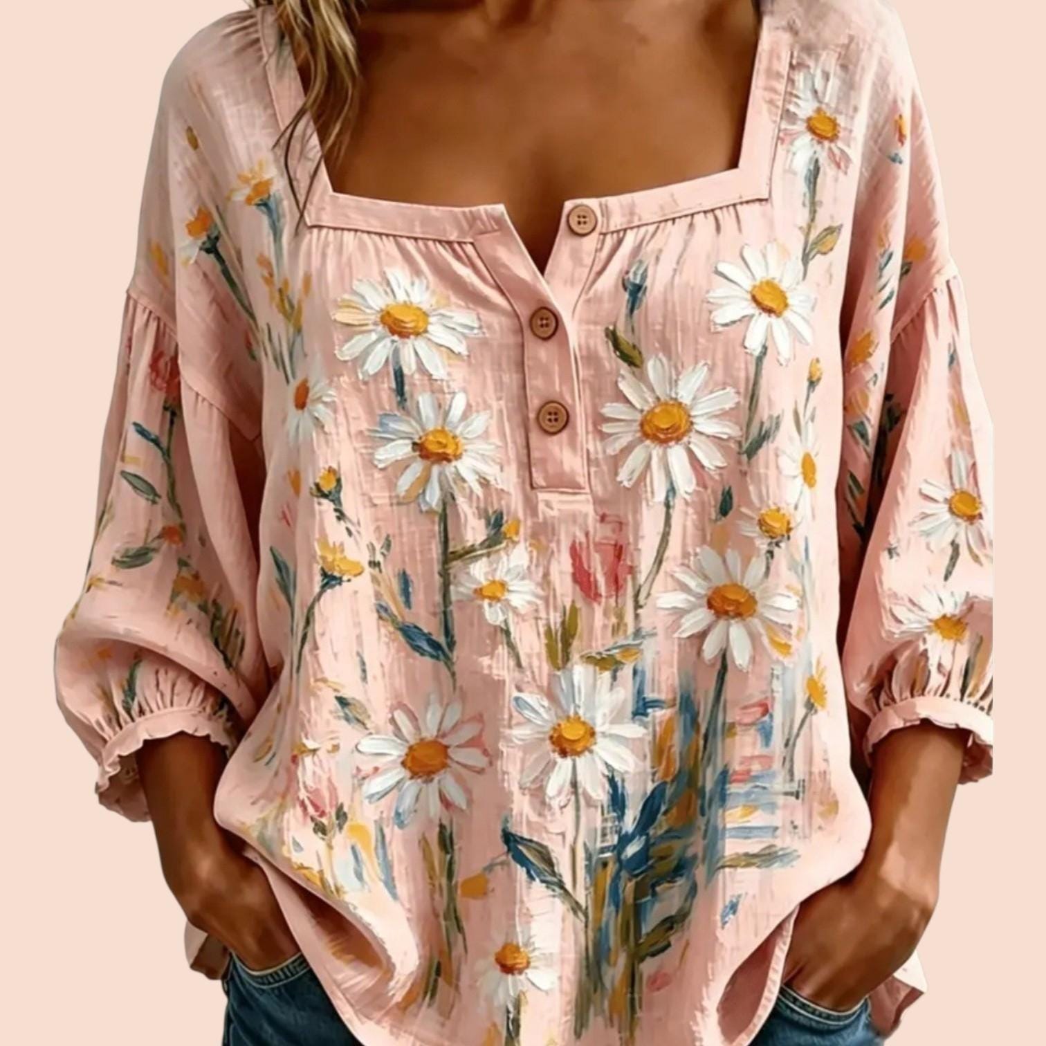Boho Pink Casual Babydoll Floral Blouse with 3/4 Sleeves | Size L