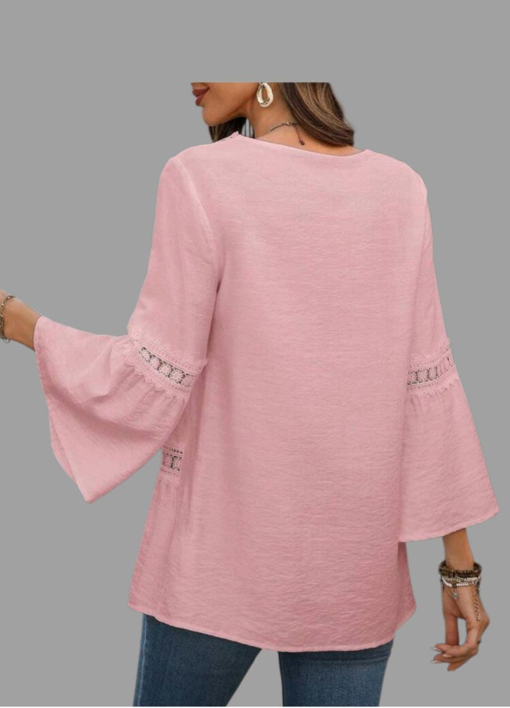 Women's Boho Peplum Blouse | Square Neck Bell Sleeve with Lace & Fringe – Size L