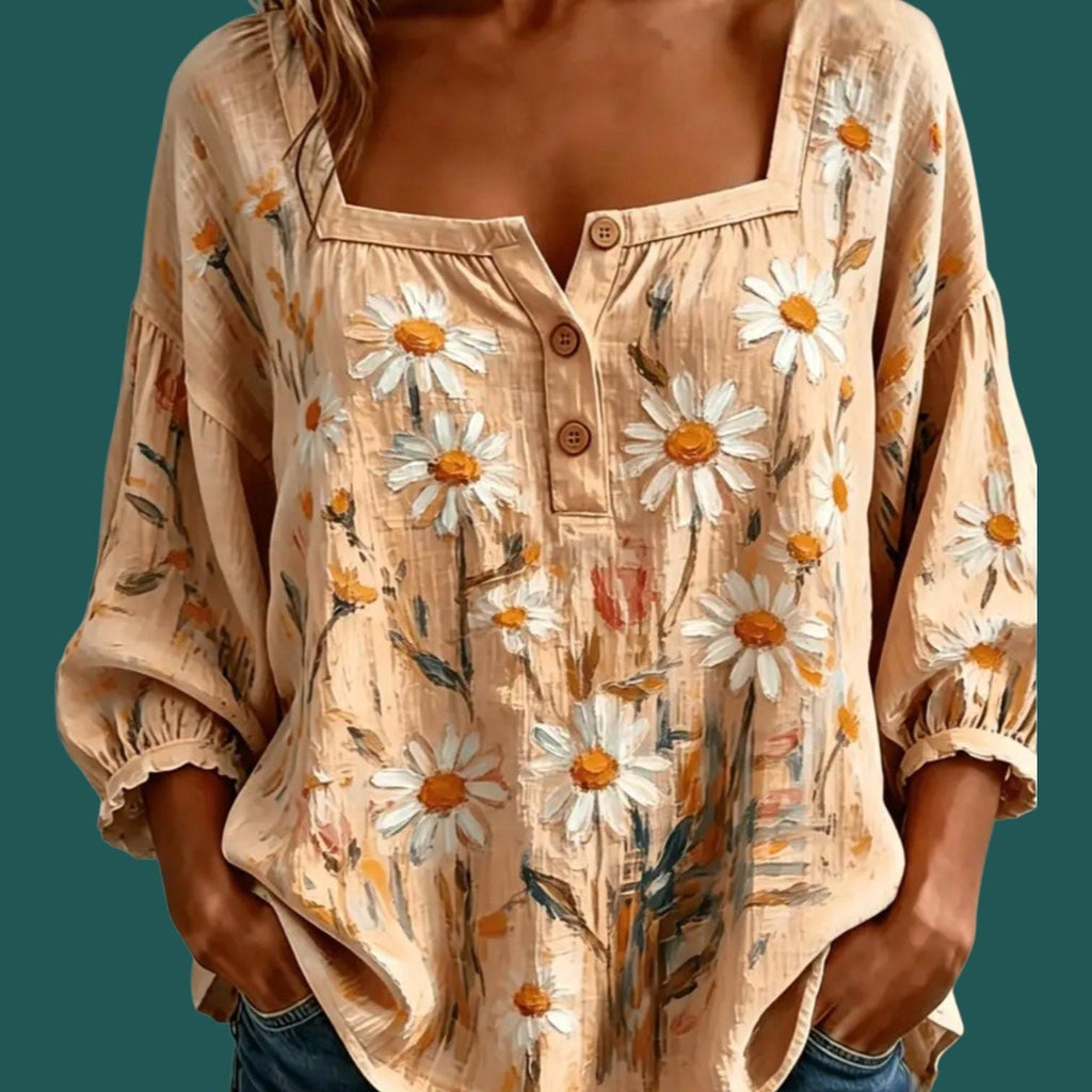 Boho Peach Daisy Patchwork Blouse | Loose Peasant Top | Women's Bohemian Shirt | XXL
