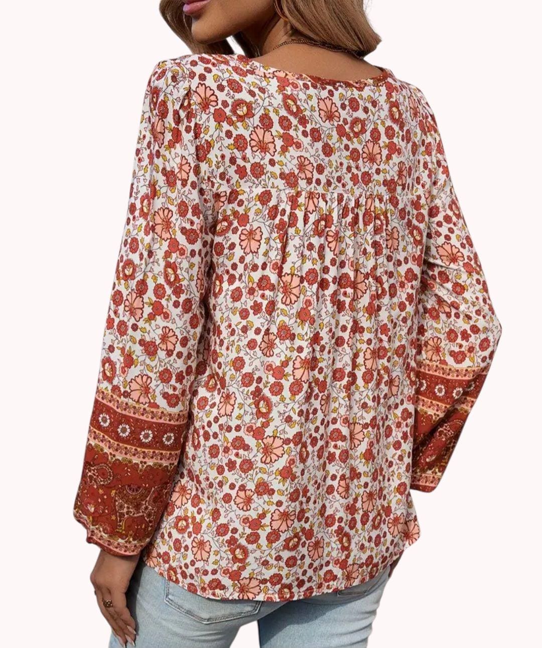 Boho Cinnamon Flowy Long Sleeve V-Neck Top with Ties – Hippie Free-Spirit Style – L