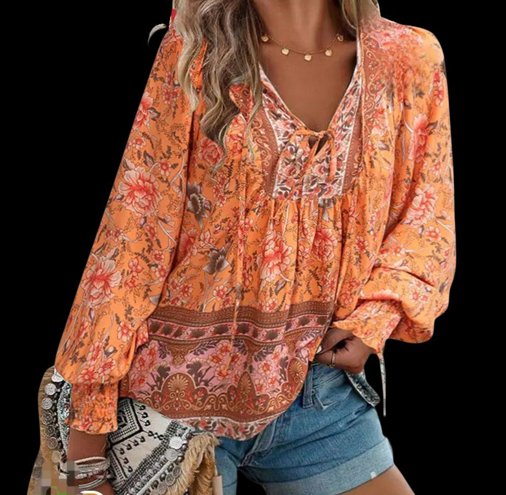 N-Women's Boho Tangerine Orange Blouse | V-Neck Long Sleeve Flowy Top – Size M
