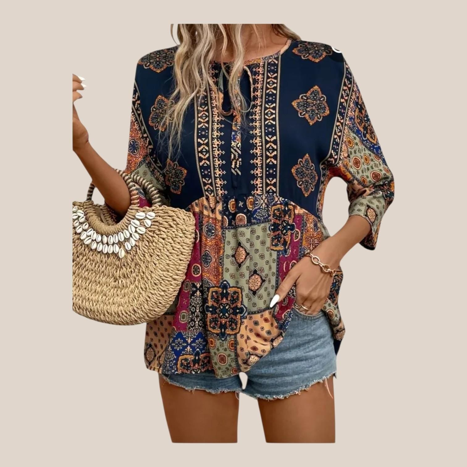 Women's Boho Patchwork Blouse | Tunic Top Hippie Chic – Size L