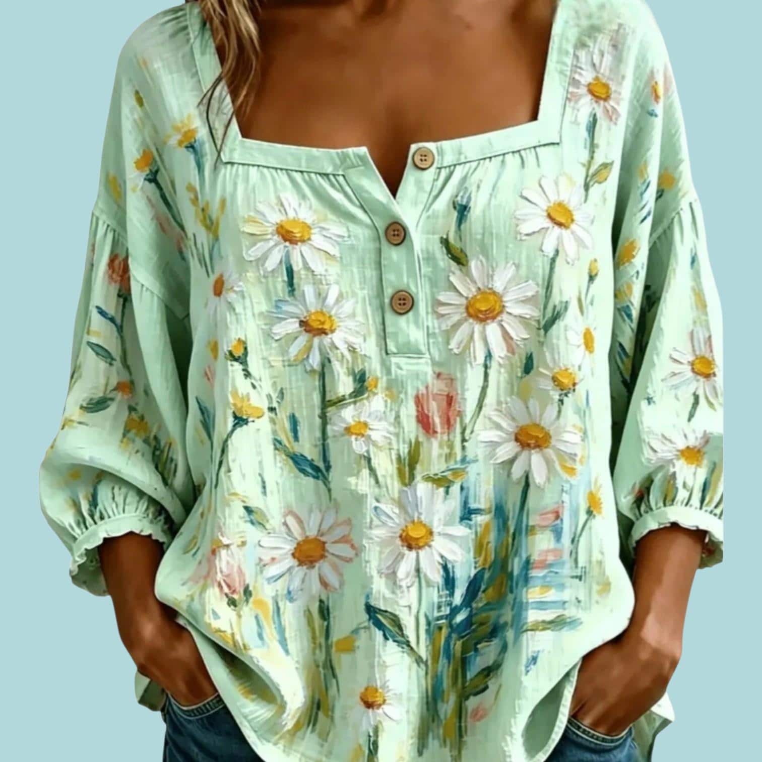 Boho Mint Green Loose Hippie Blouse with V-Neck and 3/4 Sleeves | Size M