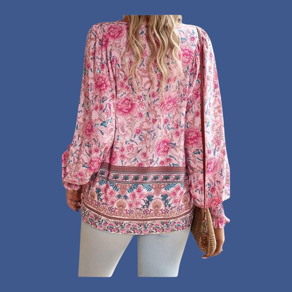 Women's Boho Pink Floral Blouse | V-Neck Long Sleeve Flowy Top – Size M