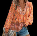 N-Boho Blouse – Flowy V-Neck with Ties, Long Sleeves – Elegant Bohemian Style – Size L