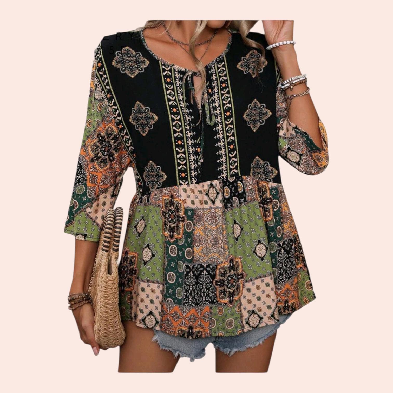 Women's Boho Patchwork Peplum Blouse | 3/4 Sleeve V-Neck with Ties – Size S