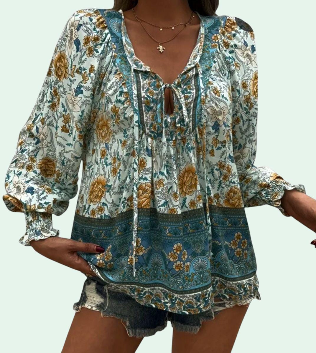 Women's Green Boho Blouse – Flowy V-Neck with Lace-Up Ties, Long Sleeves – Size L