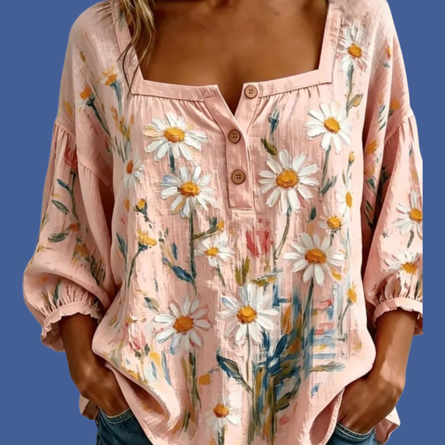 Boho Pink Floral Peasant Blouse — Square Neck, Drop Shoulder | Loose 70s Hippie Top | Women's XXL
