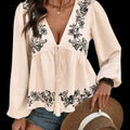 Women's Ivory & Black Boho Babydoll Top | Hippie Tassel V-Neck Blouse | Size L