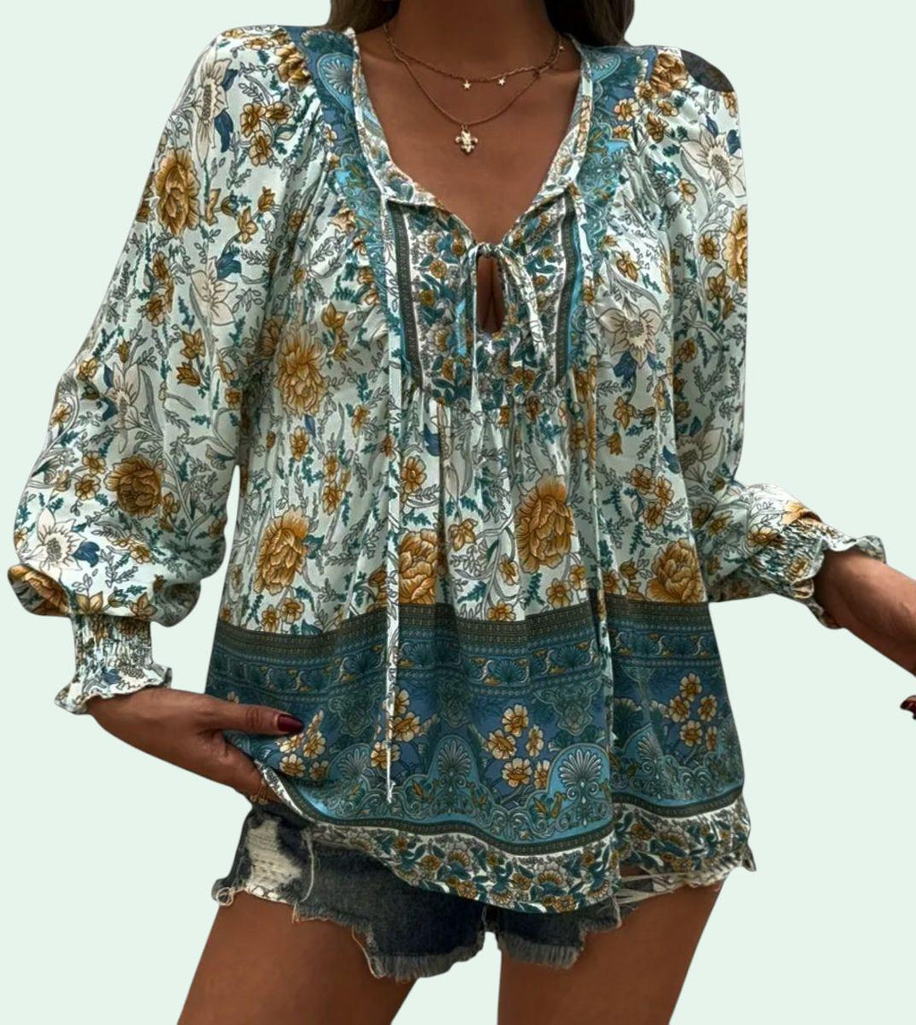 Women's Boho Green Floral Blouse | V-Neck Long Sleeve with Ties – Size L