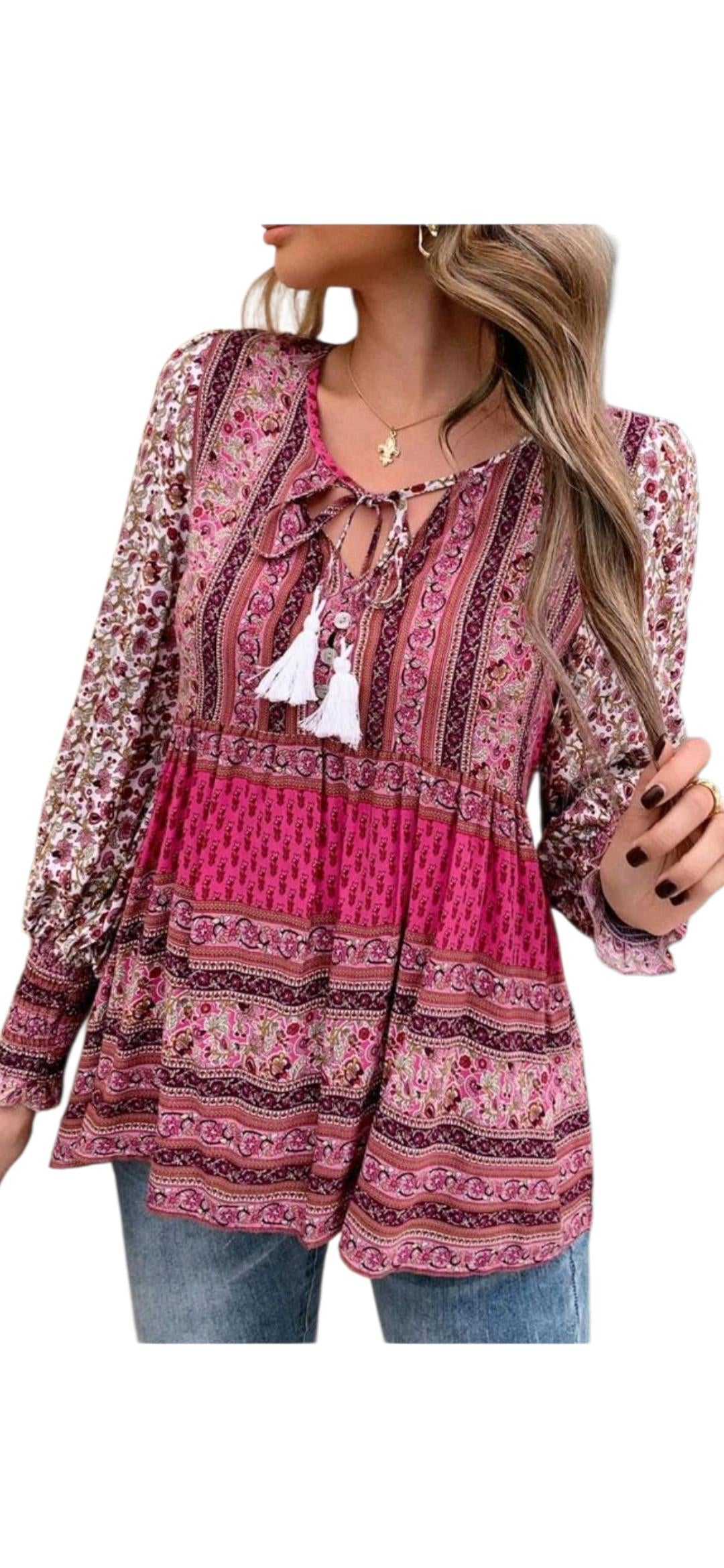 Boho Floral Tunic Peplum Top | Tassels & Buttons | Effortless Elegance | Size L