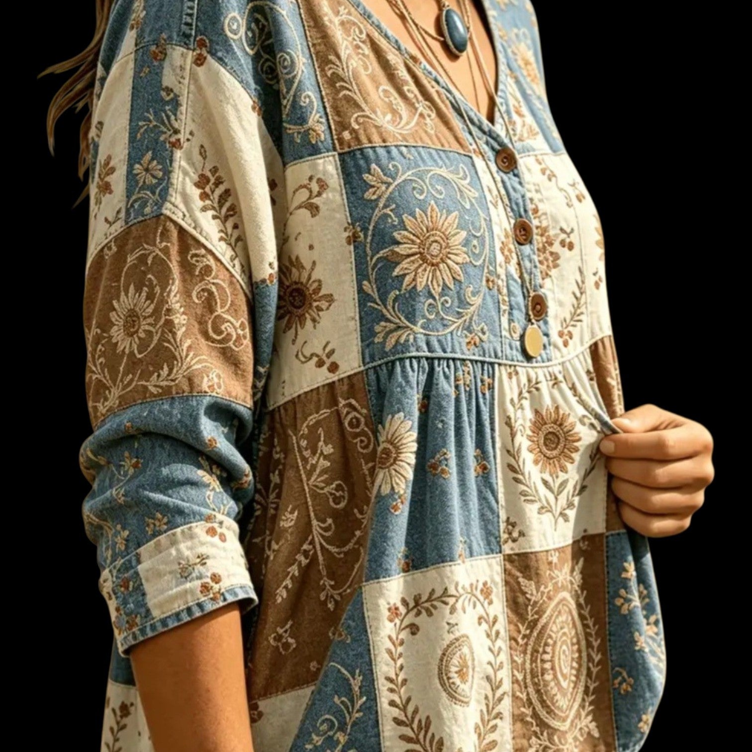 Women's Boho Floral Patchwork V-Neck Blouse | 3/4 Sleeve | Size XL