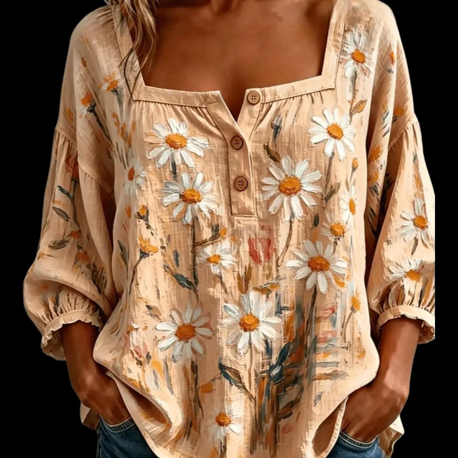 Boho Peach Daisy Patchwork Blouse | Loose Peasant Top | Women's Bohemian Shirt | XXL