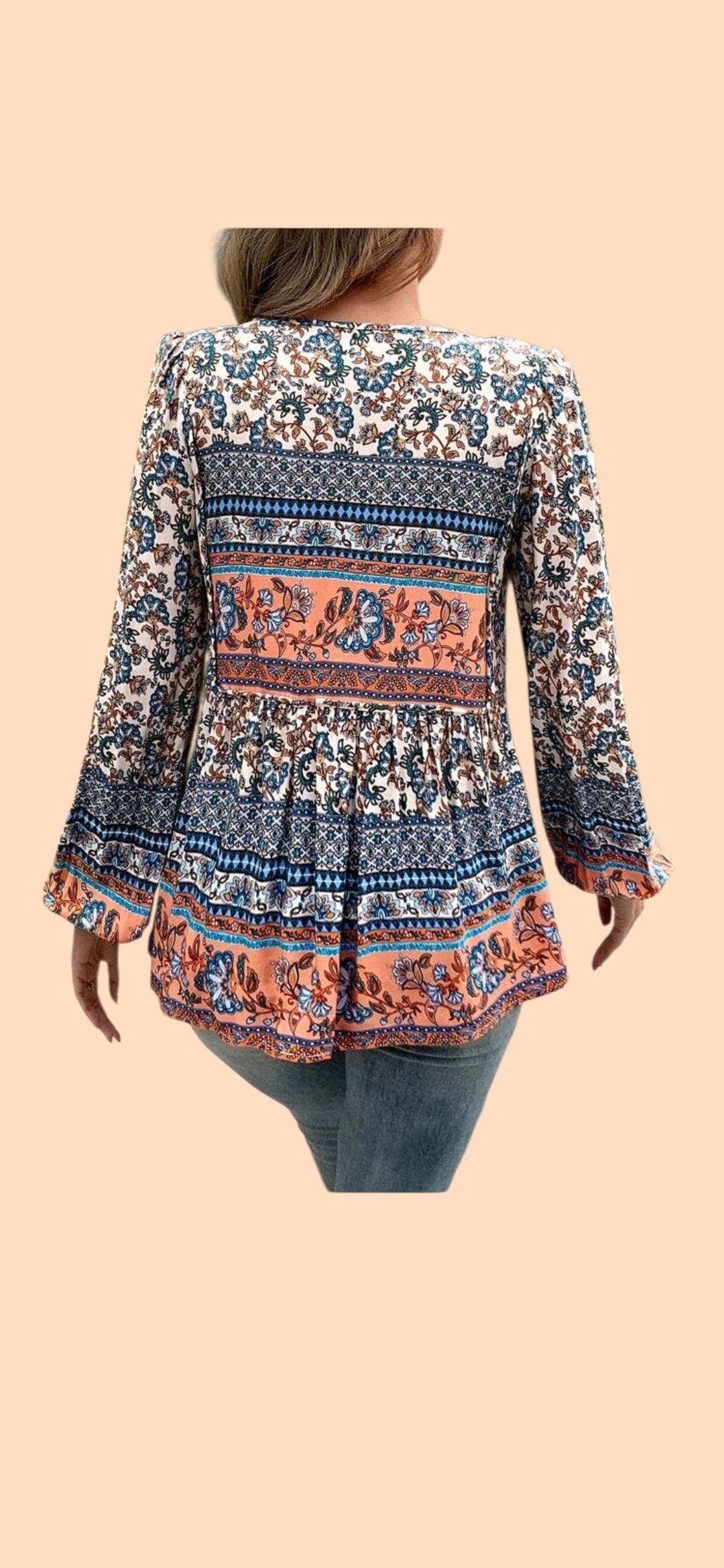 Women's Boho Blue & Peach Flowy Blouse | Long Sleeve Tie-Neck Top – Size L