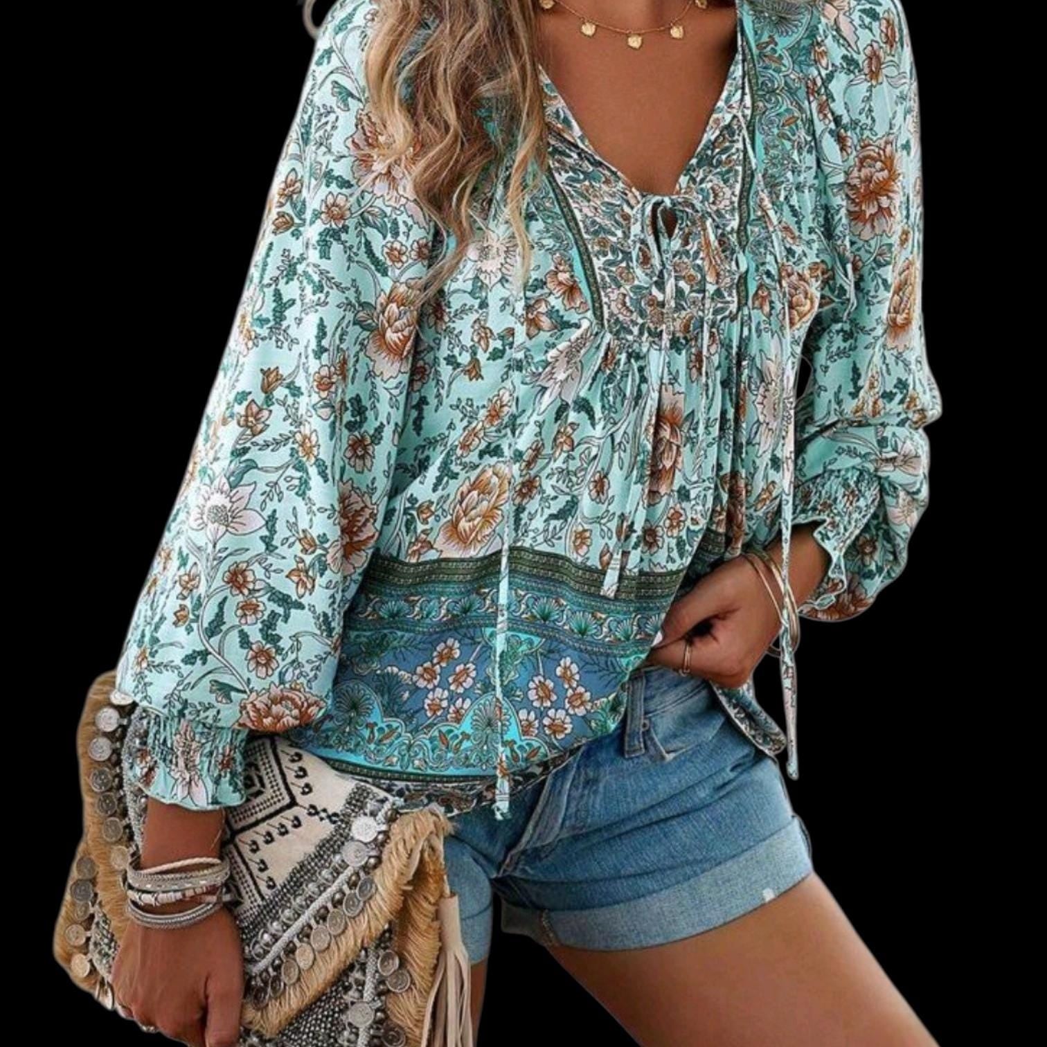Sky Blue Boho Peasant Blouse – Women's XXL | Flowy, Comfortable & Elegant