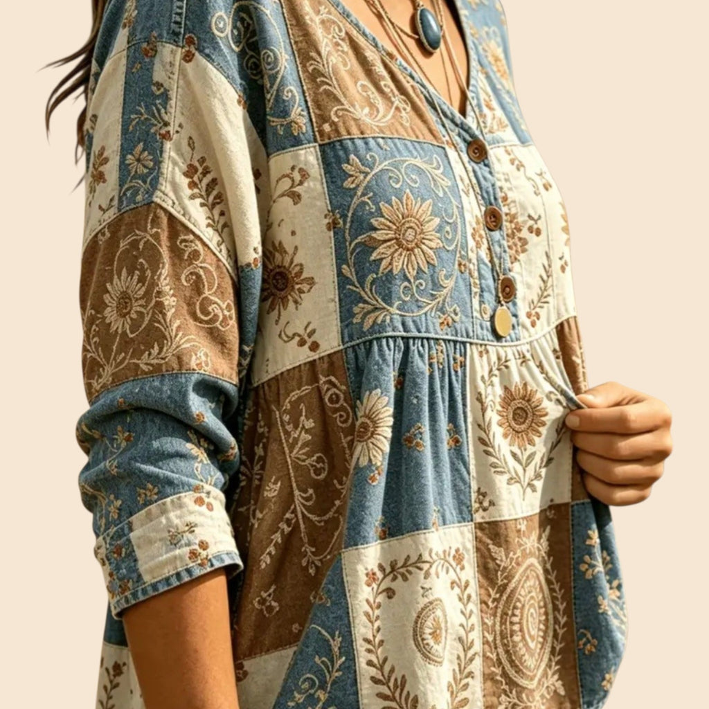 Women's Boho Floral Patchwork V-Neck Blouse | 3/4 Sleeve | Size XL