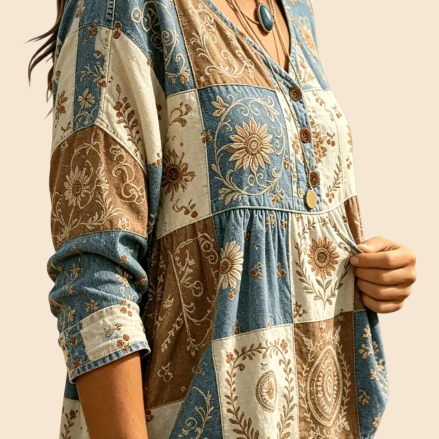 Women's Boho Floral Patchwork V-Neck Blouse | 3/4 Sleeve | Size XL
