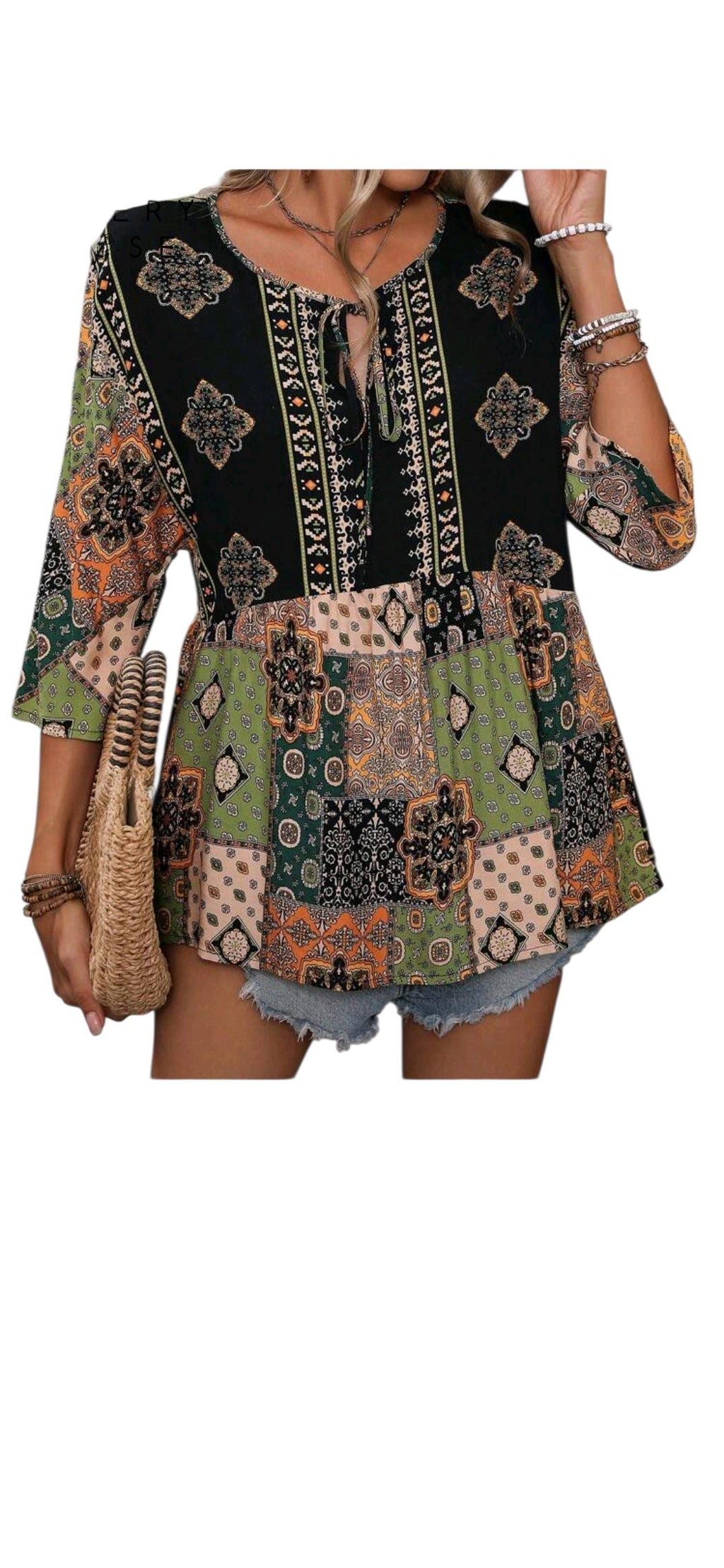 Bohemian Patchwork Peplum Tunic – V-Neck with Lace-Up Ties, 3/4 Sleeves – Size M