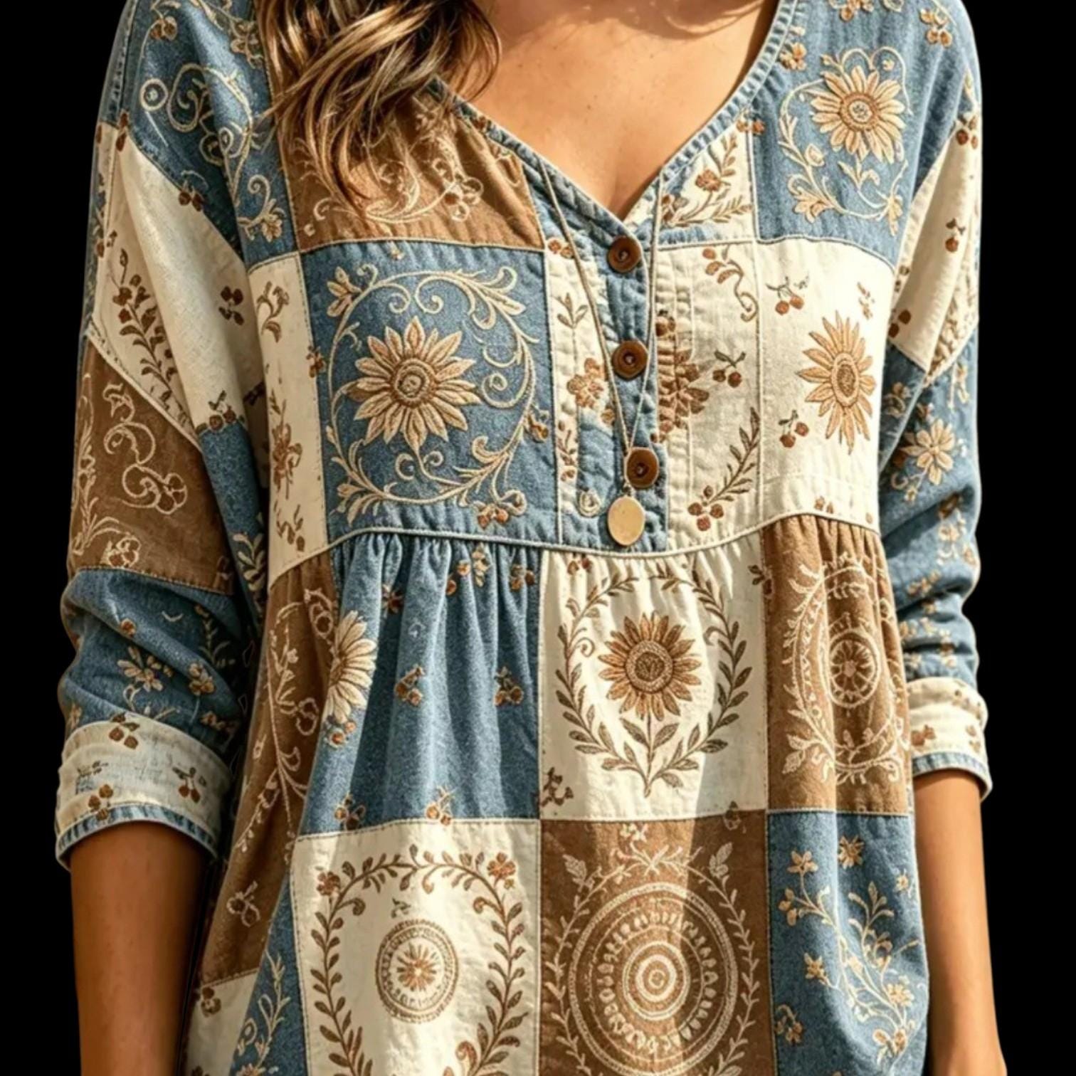 Women's Boho Blouse | V-Neck 3/4 Sleeve Ethnic Southwest Tunic – Size XL