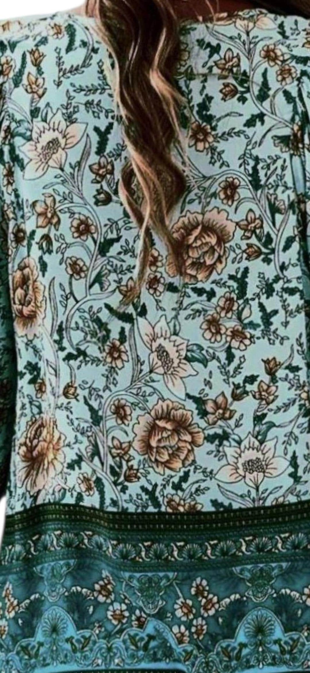 Blue Floral Boho Peasant Blouse – V-Neck with Lace-Up Ties, Long Sleeves – Elegant Bohemian Style – Size L
