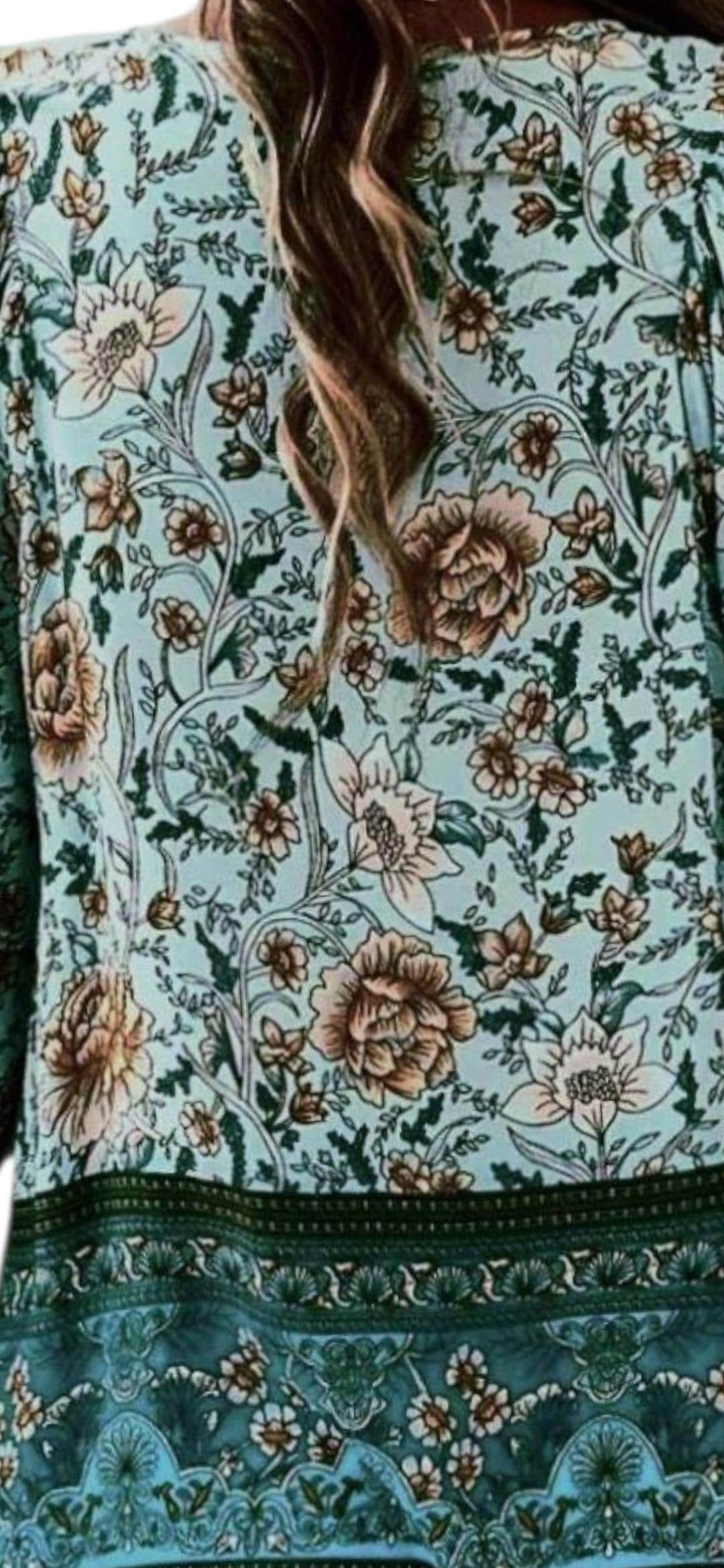 Blue Floral Boho Peasant Blouse – V-Neck with Lace-Up Ties, Long Sleeves – Elegant Bohemian Style – Size L