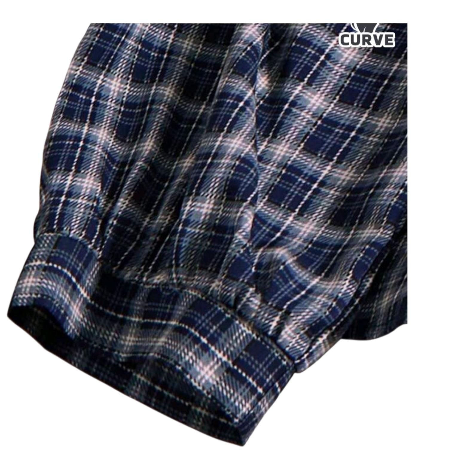 Plus Size Navy Plaid Boho Blouse – Elegant Long Sleeve V-Neck Top – Size 18 (3XL)