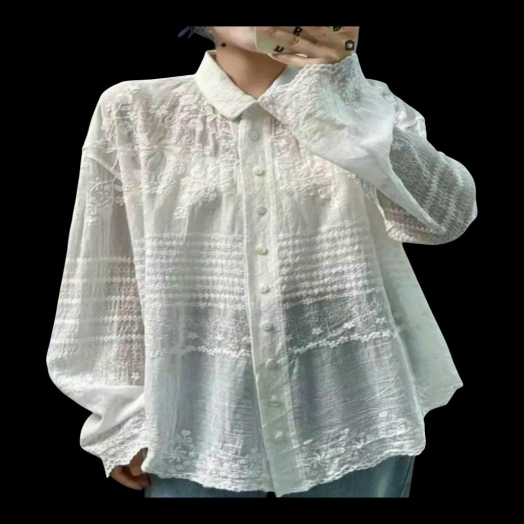 Women's White Cotton Boho Blouse | Button-Down Flowy Top – One Size