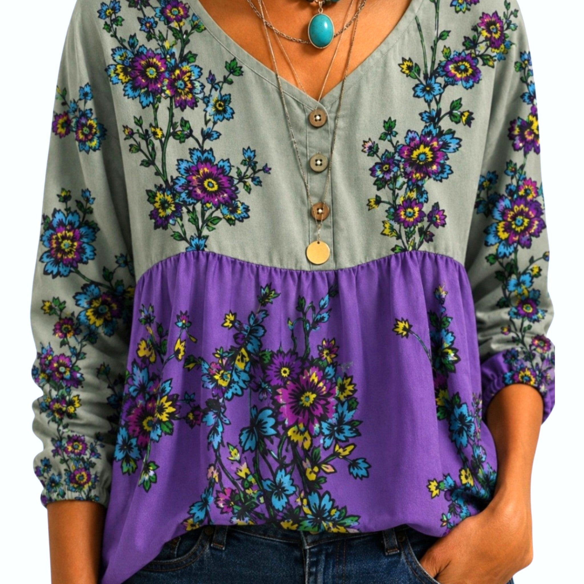 Boho Floral Peasant Top for Women — Lavender & Green Blouse | Gift Idea-Size: M