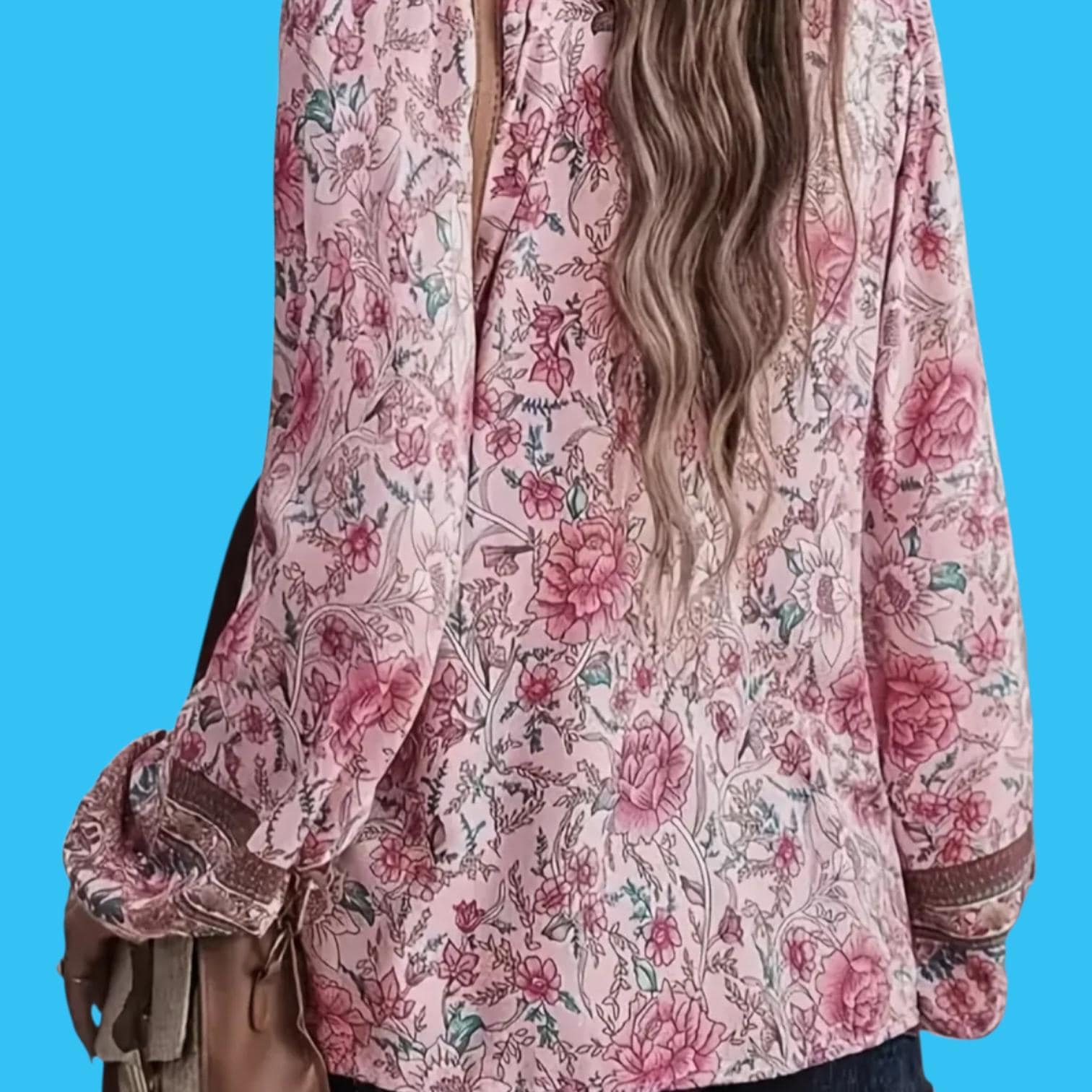 Plus Size Pink Floral Boho Blouse – V-Neck with Ties, Flowy Relaxed Fit – Elegant Bohemian Style – Size 22 (5XL)